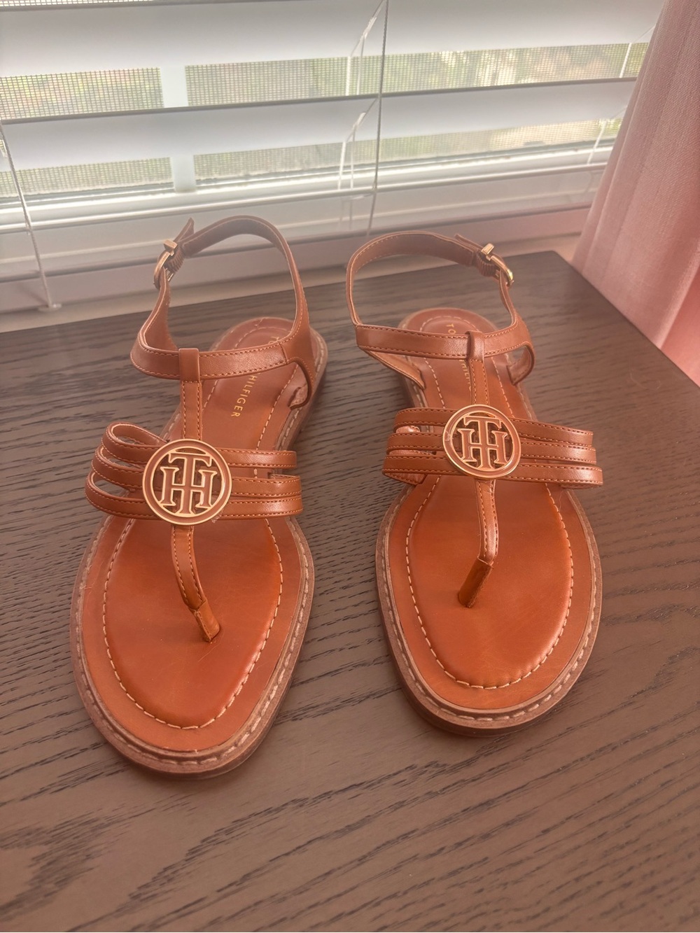 Tommy Hilfiger Brown Strappy Logo Thong Sandals Size